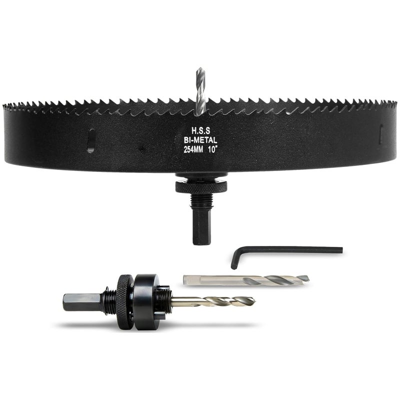 VIKITON 10 Inch Hole Saw with Arbor for Wood Metal Plastic, 10 in Bimetal Hole Cutter, Fast Chip Removal, Smooth Flat Drilling Edge, Lightweight & Portable (Black) - Image 1